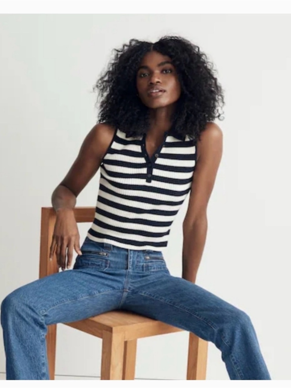 Madewell Striped Knit Sleeveless Henley Tank Top - Navy & White
